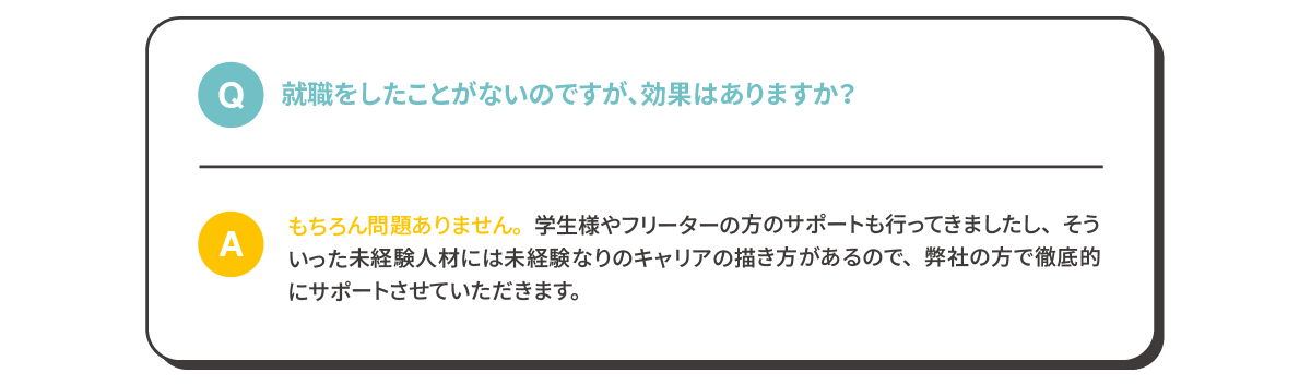 Q:就職をしたことがないのですが、効果はありますか？A:もちろん問題ありません。学生様やフリーターの方のサポートも行ってきましたし、そういった未経験人材には未経験なりのキャリアの描き方があるので、弊社の方で徹底的にサポートさせていただきます。