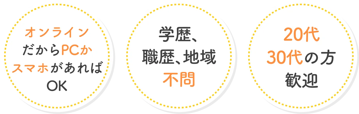 オンラインだからPCかスマホがあればOK 学歴、職歴、地域不問 20代30代の方歓迎